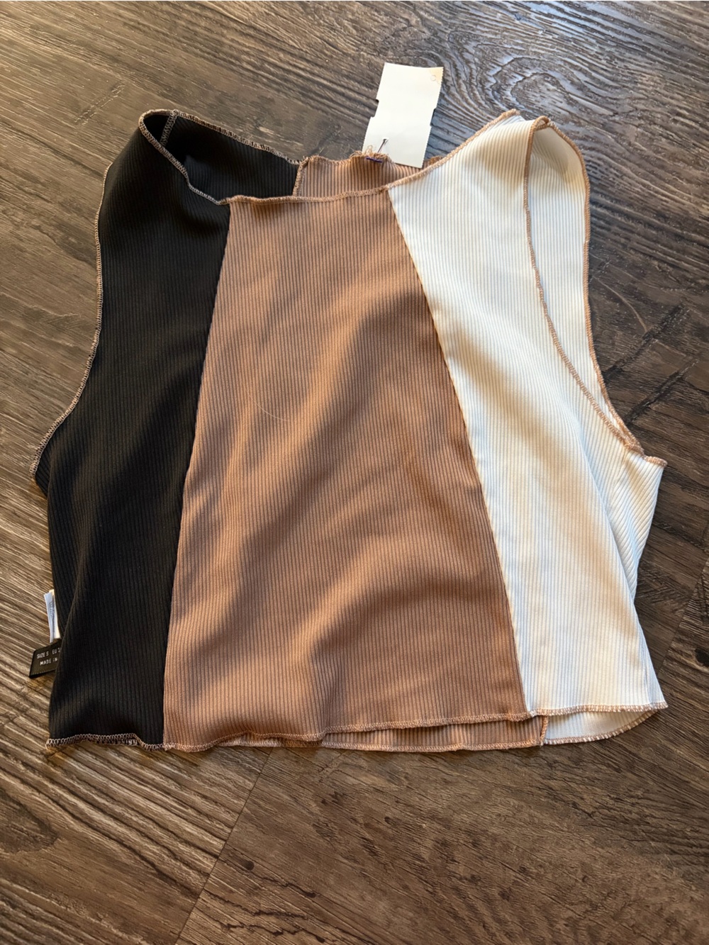 SHEIN Colorblock Ribbed Crop Top in Black, Brown, Cream
